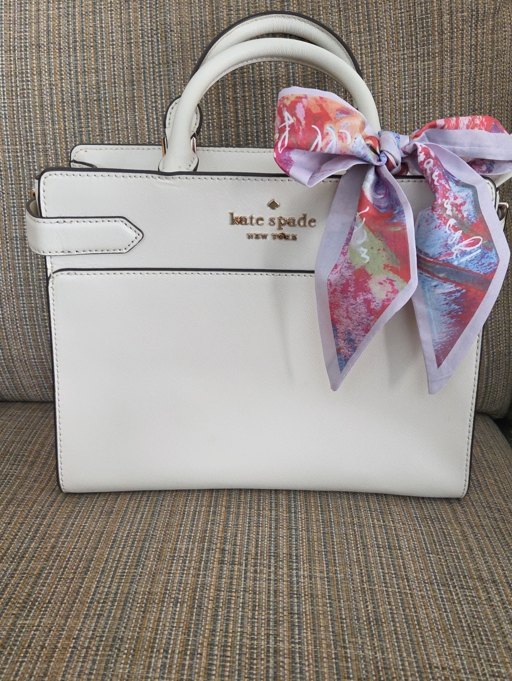 kate spade White Leather Satchel with Multicolor Scarf Accent